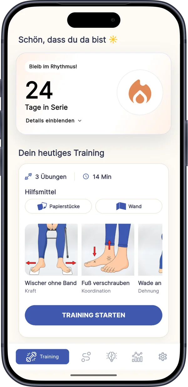 HeyFoot App: Startbildschirm mit Tagestraining und Trainingsserie